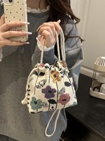 Sac à dos en toile vintage à motif floral avec cordon de serrage, mini sac à main en peluche pour femme, sac à bandoulière mignon pour téléphone, petit sac décontracté pour femme au quotidien