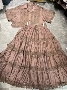 Tuta alla moda primavera estate nuovo Design moda donna <span class=keywords><strong>maglia</strong></span> Vintage a maniche corte in <span class=keywords><strong>pizzo</strong></span> con gonna lunga a trapezio - Product Image 2