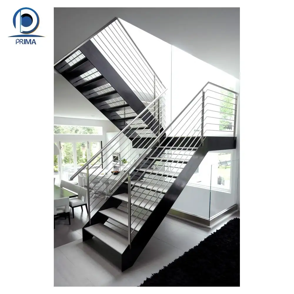 Prima Stairs Open Riser Staircase Design With Wood Handrail Stainless Steel Railing Straight Mono Stringer Stairs