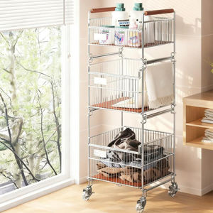 바퀴 중간 3 계층 욕실 더러운 옷 랙 나무 수건 보관 카트 금속 바닥 트롤리 세탁 가방 바구니 정리 - Product Image 6