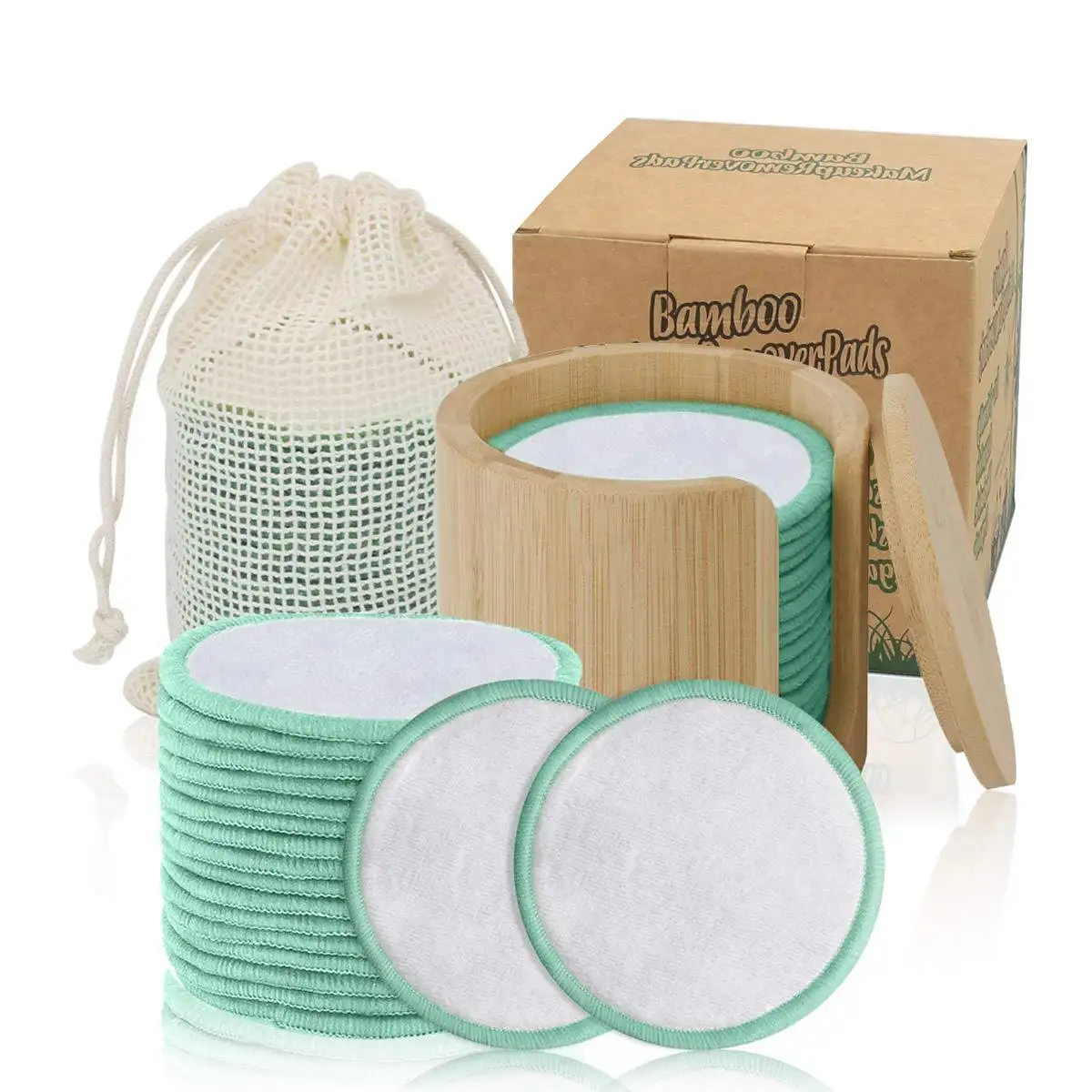 Removedor de maquiagem ecológico de fábrica, almofadas reutilizáveis de algodão de bambu orgânico, com bolsa lavável para roupa e caixa redonda, 100%