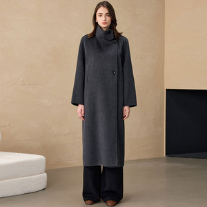 Manteau long d'hiver 2026 style britannique perlé, doublure polaire, 100 % cachemire, laine double face, col montant, pour femme - Product Image 2