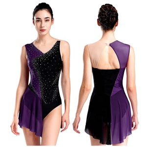 Womens <b>Figure</b> <b>Skating</b> Leotard Asymmetrical Chiffon Skirt Gloves Rhinestone Color Block High Neck Keyhole Lyrical Dance Custom - Product Image 5