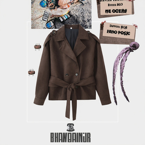 Veste Trench Courte à Revers et Ceinture pour Femme PB&ZA, Nouvelle Mode 2025, Style Casual, Manches Longues, Vêtement Extérieur en Polyester - Product Image 3