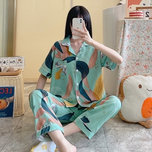 Damen Sommer zweiteilige kurz ärmel ige Nachtwäsche-Sets Walr Cotton Revers <span class=keywords><strong>Cardigan</strong></span> mit gestrickten Pyjamas Hosen Home Kleidung - Product Image 2