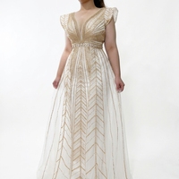 Robe de Soirée Longue de Luxe Dorée Champagne à Col en V, Entièrement Perlée, Coupe Évasée, pour Femme, Idéale Bal de Promo et Gala, Fabrication Personnalisée par un Fabricant Vérifié
