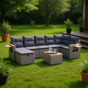 Ensemble de canapés de jardin modulaires en rotin PE gris 6 places, mobilier d'extérieur au design contemporain - Product Image 2