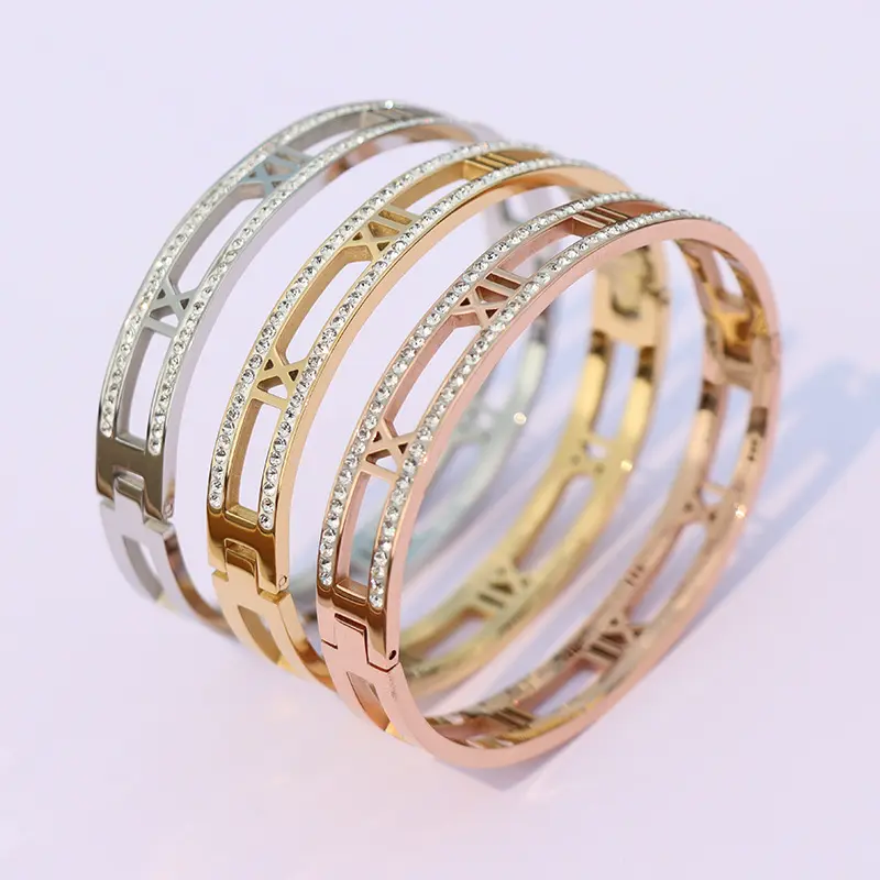 Customized Stainless Steel Fashion Jewelry Gold Plated Zircon Stone Classic Love Cuff Bracelet Bangle For Women