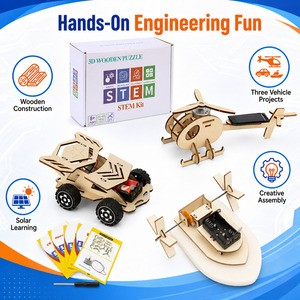 OKYN-Y2113 Kit de puzzle 3D en bois à assembler soi-même 3 en 1 : hélicoptère solaire, voiture de course, bateau à roues à aubes pour les créateurs de loisirs et les enfants - Product Image 3