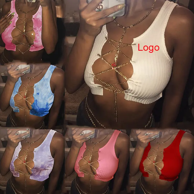 Sexy Club Wear Sleeveless Bandage Tank Tops Blouses Women Summer Candy Color Tie Dye Ribbed Crop Tops
