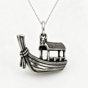 Pendentif bateau plaqué argent avec motif maison, forme irrégulière, figurine souvenir, artisanat en métal moulé - Product Image 4