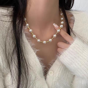 Versátil elegante Sexy Circular moda latón redondo 10mm blanco perla clavícula gota perla gargantillas collar de cadena larga para mujer - Product Image 4