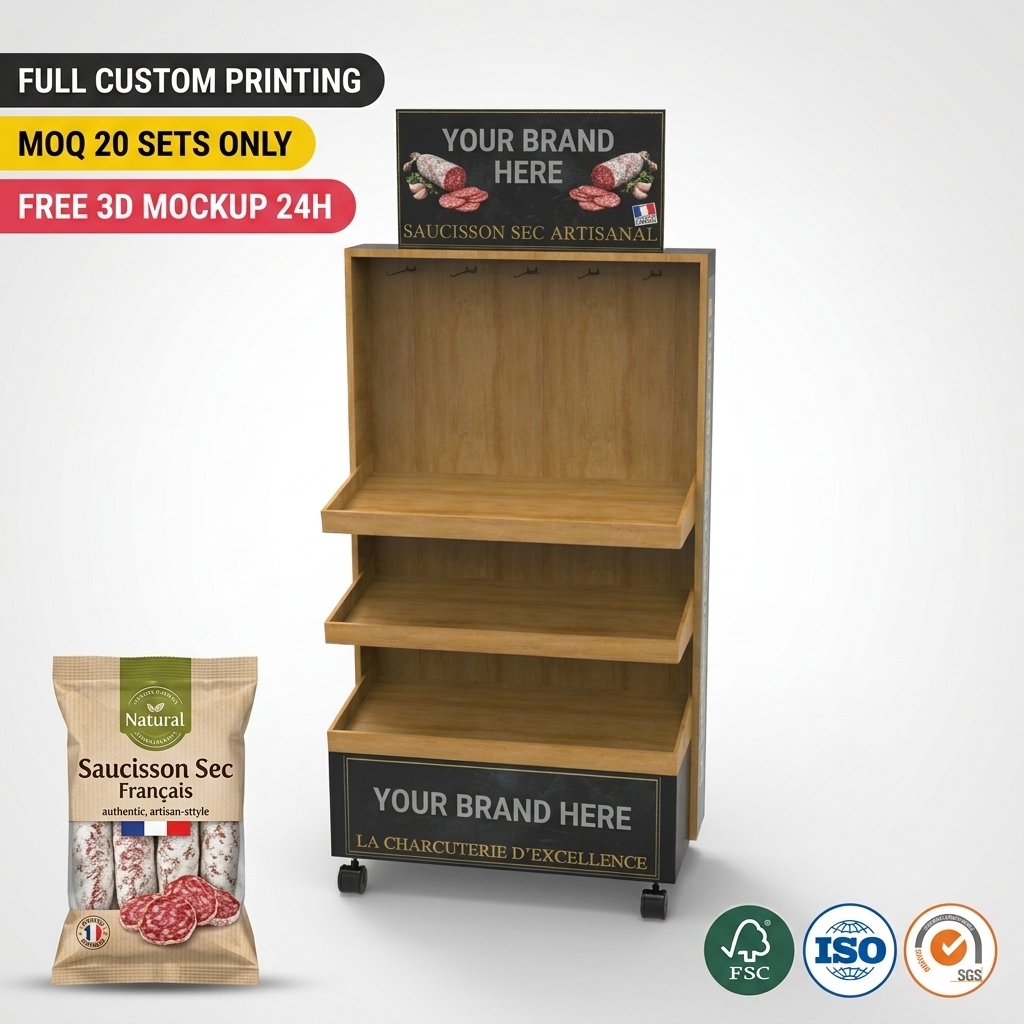Wholesale Wooden Charcuterie Display Stand Floor Sausage Salami Saucisson Rack Vacuum Food Deli Merchandiser Slanted Shelf Hooks