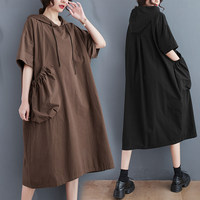 Nouvelle Robe Midi à Capuche pour Femme 2026, Couleur Unie, Grande Taille, Coupe Ample, Jupe Évasée, Poches, Manches Courtes, Style Minimaliste d'Été, Vente en Gros