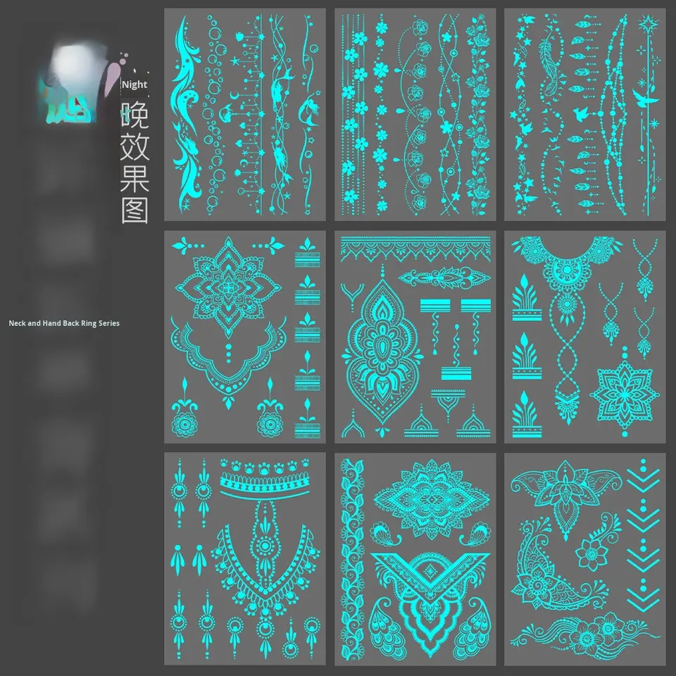 Nuevas pegatinas de tatuaje de Henna Blanco luminoso, resistentes al agua, de larga duración, estilo de dibujos animados para cara, brazo y clavícula