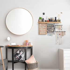 Organisateur de bijoux mural avec étagère en bois rustique, boîte de présentation pour bagues, support pour boucles d'oreilles, porte-colliers rotatif - Product Image 4