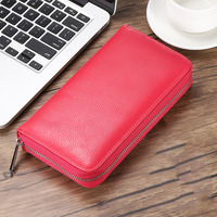 Dompet RFID Blocking Kulit Asli dengan Ritsleting, Pendek Multifungsi, Tempat Kartu Kredit & ID, Ringan, Wanita, Bahan Poliester