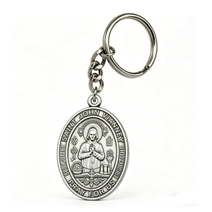 Porte-clés vintage en alliage de zinc avec impression UV, motif Saint Jean Vianney en argent antique, souvenir religieux catholique, saint patron, pour la prière - Product Image 3