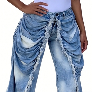 Pantalon en jean froncé à franges pour femme - Jean taille haute à jambes larges tendance - Product Image 2