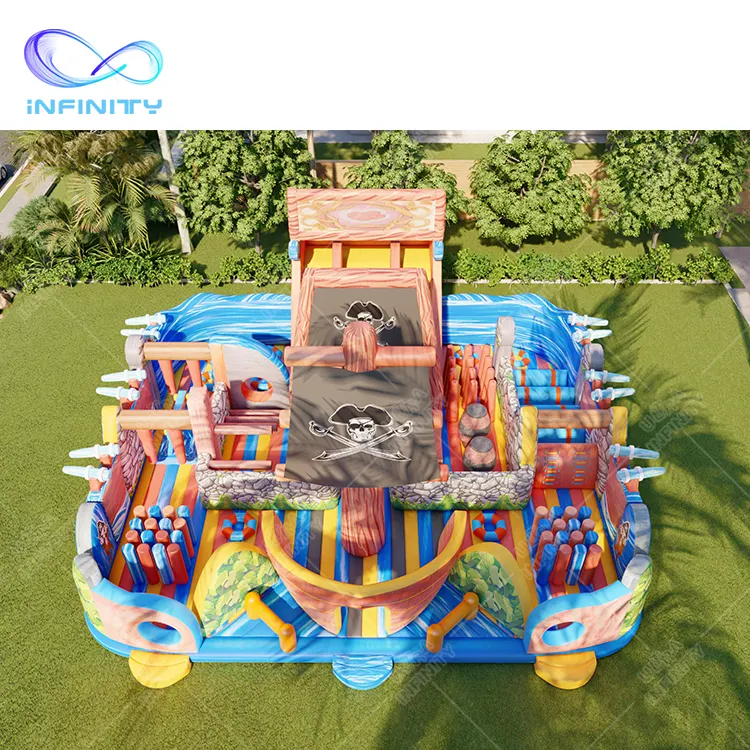 ชุดรูปแบบเรือโจรสลัดสวนสนุกพองสำหรับเด็กเด็กหลักสูตรอุปสรรคทำให้พองบนบกในศูนย์สวนสนุกน้ำ