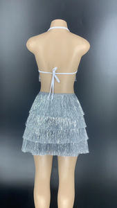 Twotwinstance — Costumes en paillettes pour femmes Y1794, vêtements de carnaval, avec franges, col licou, Sexy, avec fente latérale, printemps 2022 - Product Image 4