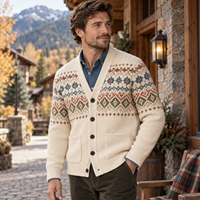 Kardigan Rajut Pria Fair Isle V-Neck Kancing Depan Jaket Rajut Jacquard Nordik Vintage Pakaian Rajut Musim Dingin Custom OEM ODM Grosir