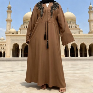 Elegant Closed Abaya Garment with Waist Tie Tassel and Intricate Black <b>Applique</b> Embroidery for Islamic Women (style 6510) - Product Image 1
