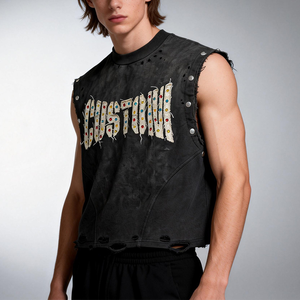 Camiseta sin mangas de verano personalizada 100% algodón, con efecto rasgado, bordado y pedrería, estilo vintage, lavado ácido y remaches - Product Image 3