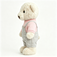 Adorable Ours en Peluche Crème Doux avec Chemise Rayée et Salopette Grise, Jouet en Peluche Personnalisé en Coton PP