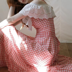 Off the shoulder lace ruffle <strong>red</strong> checkered maxi dress with bow - Product Image 6