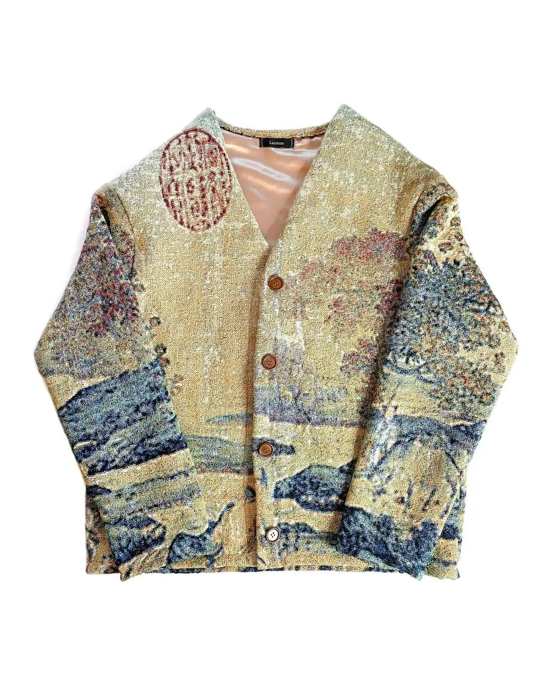 Custom OEM Wool Zip Up Silk Lining Heavy Carpet Sweater Jacquard With Tapestry Coat Jacket