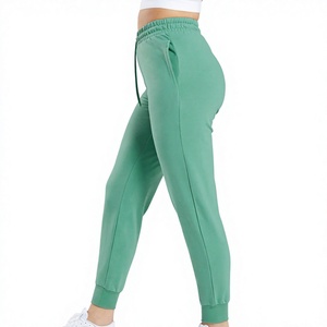 Pantalon de jogging vert uni taille haute pour femme, longueur cheville, taille élastique, décontracté, en coton tricoté et élasthanne, avec poches - Product Image 1
