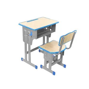 Single person lifting double column desks and chairs in student schools