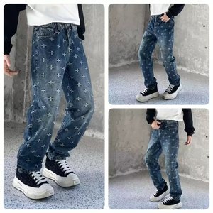 Pantalon en jean rétro pour homme, coupe crayon, délavé, avec blocs de couleur, imprimé jacquard intégral, style tendance, vente en gros transfrontalière - Product Image 1