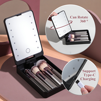 Ensemble de pinceaux de maquillage BS-MALL avec miroir de voyage, 14 pièces, logo personnalisé, or champagne, taille portable, petits pinceaux pour le visage, le fond de teint et les yeux