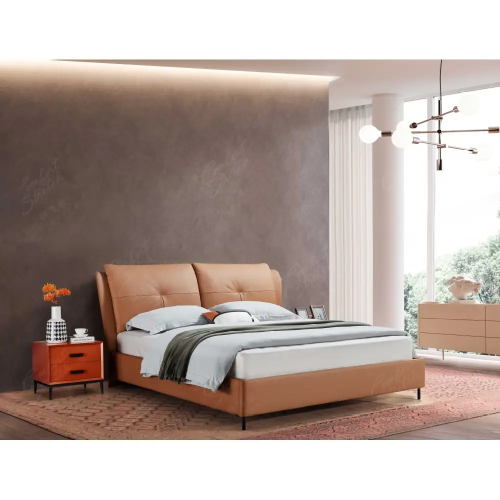 أحدث أثاث غرفة نوم تصميم حديث تصميم بسيط سرير من الجلد بإطار من الخشب الصلب مع PVC