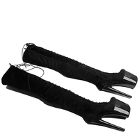 20CM / 8 pouces daim supérieur femmes mode talon haut plate-forme avant à lacets Stretch cuisse haute botte pôle bottes de danse
