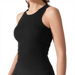 Camiseta sin mangas de punto negra para mujer, cuello redondo, color sólido, minimalista, transpirable, para hacer ejercicio - Product Image 1