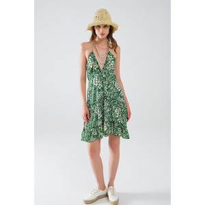 Abito Corto Verde Stile Boho in Raso con Stampa Floreale - Product Image 3