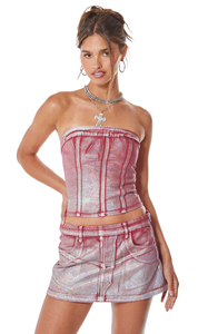 KY Off Épaules Sexy Tube Top Wax Jeans Cerise Rouge Argent Métallique Effet Feuille Denim <span class=keywords><strong>Micro</strong></span> Mini <span class=keywords><strong>Jupe</strong></span> 2 Pièces - Product Image 2