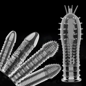 Condones acanalados con puntas, extensor de pene para pareja, manga de pene reutilizable, extensión de pene con anillo de cristal