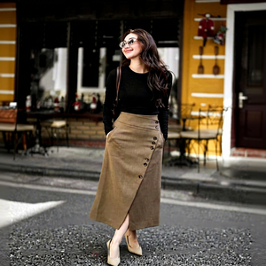 CV739 Elegance Quiet Luxury Side Button <b>Slit</b> A Line <b>Midi</b> <b>Skirt</b> Women Office <b>Skirt</b> Bulk Price - Product Image 1