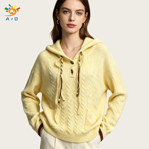 AJB Vente en gros <span class=keywords><strong>Pull</strong></span> tricoté à col en V et à <span class=keywords><strong>capuche</strong></span> pour <span class=keywords><strong>femme</strong></span>, coupe ample, avec boutons et lanières décoratives, collection Automne Hiver 2026, style décontracté - Product Image 2