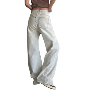 Jeans déstructurés à effet usé et teinture délavée pour hommes, coupe droite ample, modèle pionnier en gros - Product Image 2