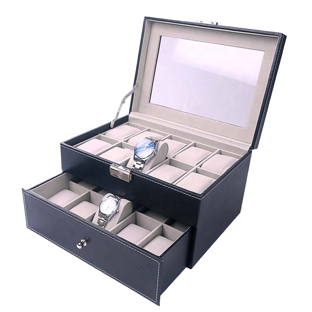 Luxury Large Black Leatherette Wood PU Leather 2 Layers 20 Slot Watch Storage Box Packing Organizer Display Packaging Case