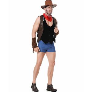 Western <b>Cowboy</b> <b>Men's</b> <b>Costume</b> Hat Vest Scarf Shorts Belt Bracelets Polyester Sexy Cosplay Party Role Play Outfit - Product Image 2