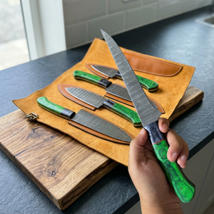 Ensemble de couteaux de cuisine en acier Damas, 5 pièces, manche en bois, lames droites, couteaux de chef, lame polie, ambidextres, haute qualité, 58-60HRC - Product Image 1