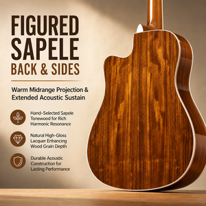 Violão Cowboy <span class=keywords><strong>40</strong></span> Polegadas com Corpo em Abeto, Laterais e Fundo em Jacarandá, Braço e Escala em Jacarandá, 6 Cordas, Cutaway, Cor Natural, Sem Captador - Product Image 3