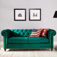 Canapé-lit Chesterfield trois places en velours et bois, nouveau modèle, pas cher, pour le salon
