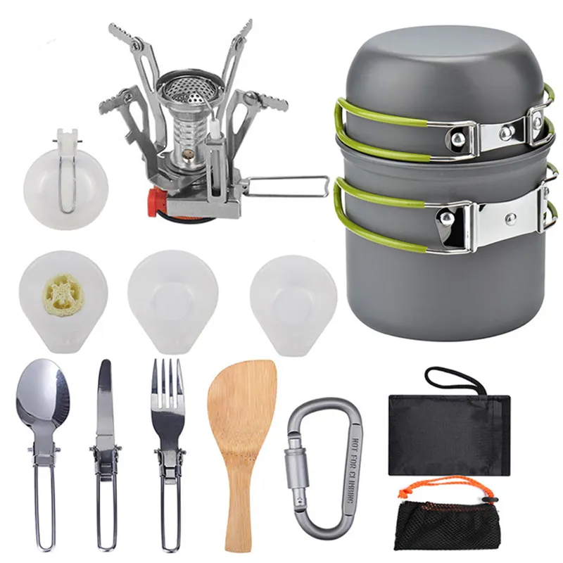 Outdoor Hiking Picnic Aluminum Camping Cooking Set Accessories Portable and Lightweight Cookware Mess Kit Pot Pan and Teapot